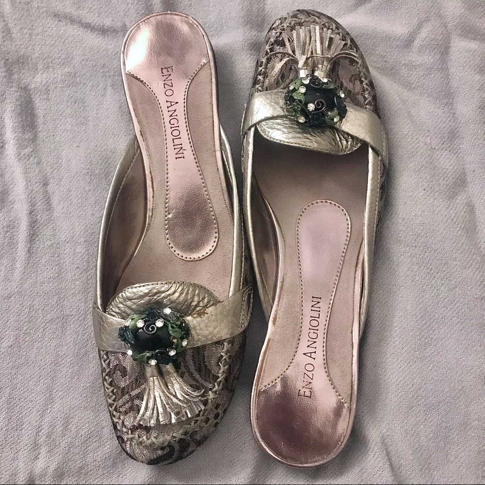 Enzo Angiolini Leather Pewter Tapestry JAEMARIE Mule Slides